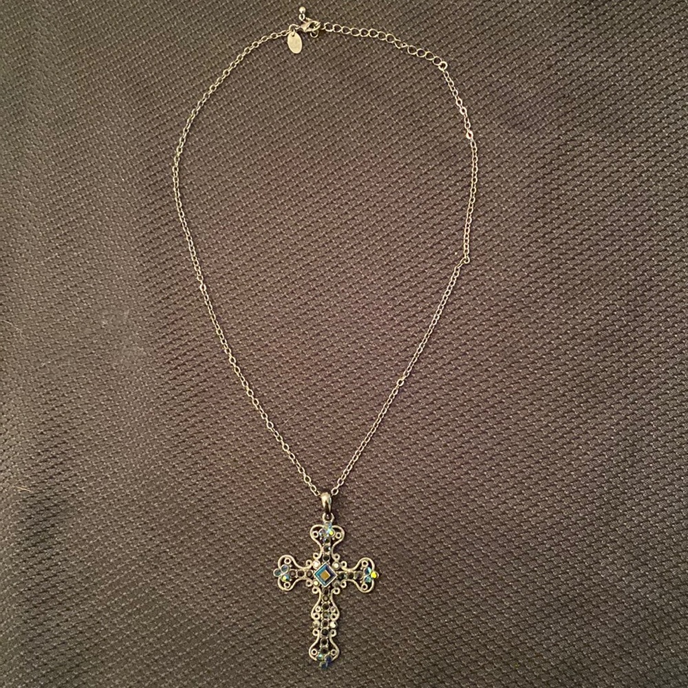 Black and colored rhinestone cross necklace